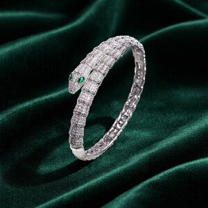 Serpenti Silver Snake Crystal Bangle Bracelet with Green Eyes
